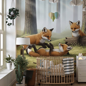 Woodland fox mural wallpaper transforming kids playroom into enchanted forest space
