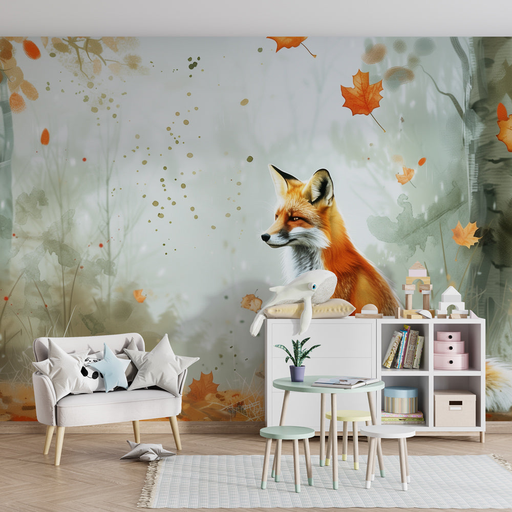 Majestic fox autumn forest mural wallpaper creating cozy atmosphere in kids playroom by Kids-Mundo