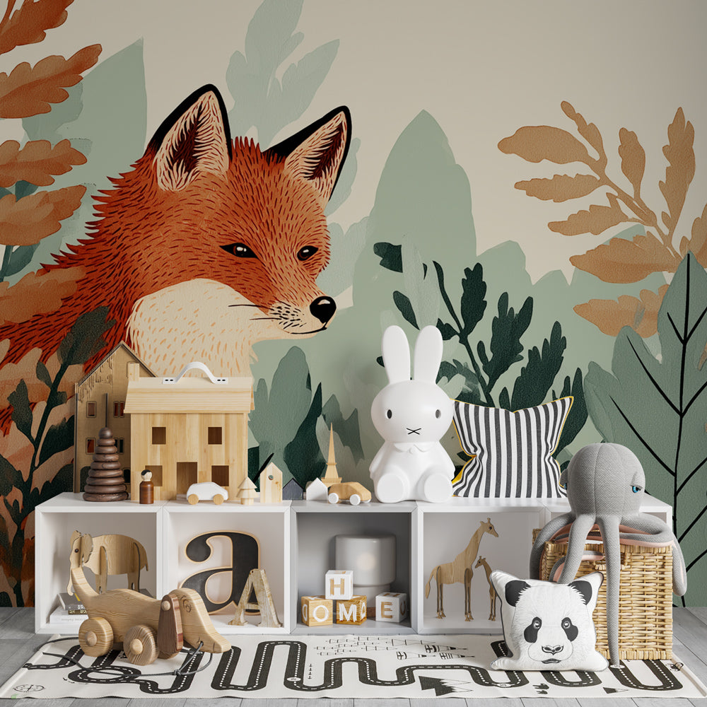 Forest adventure mural wallpaper transforming children's playroom into woodland sanctuary