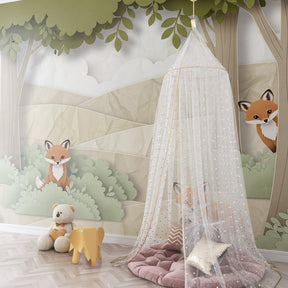 Playful forest fox mural wallpaper transforming children's playroom into woodland adventure
