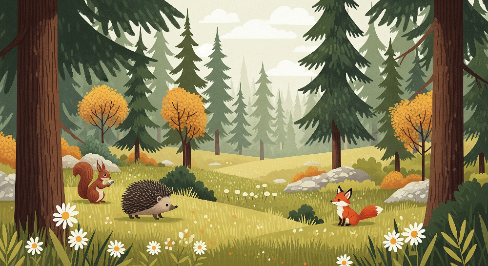 Flat artwork of the Kids-Mundo forest friends hedgehog, squirrel and fox wall mural