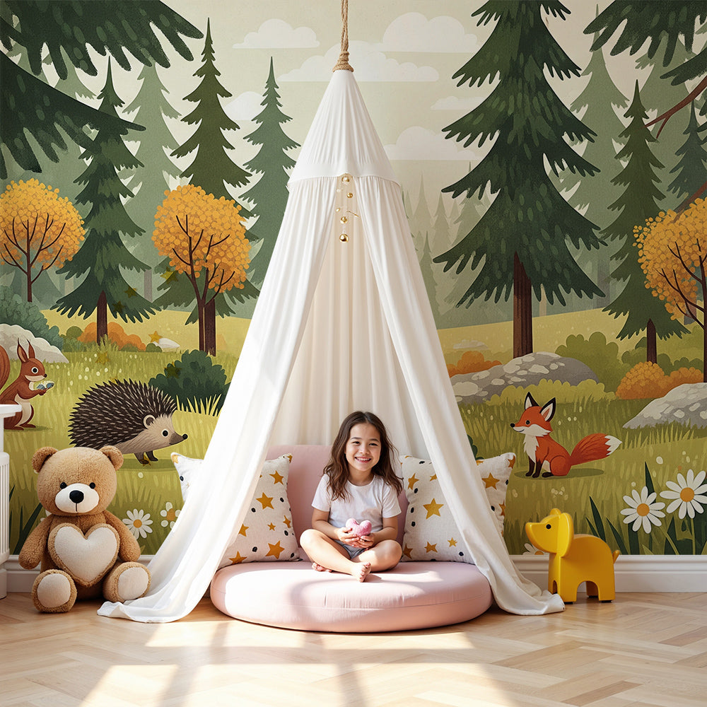 Kids-Mundo forest friends wall mural in a green, nature-themed nursery with a cot