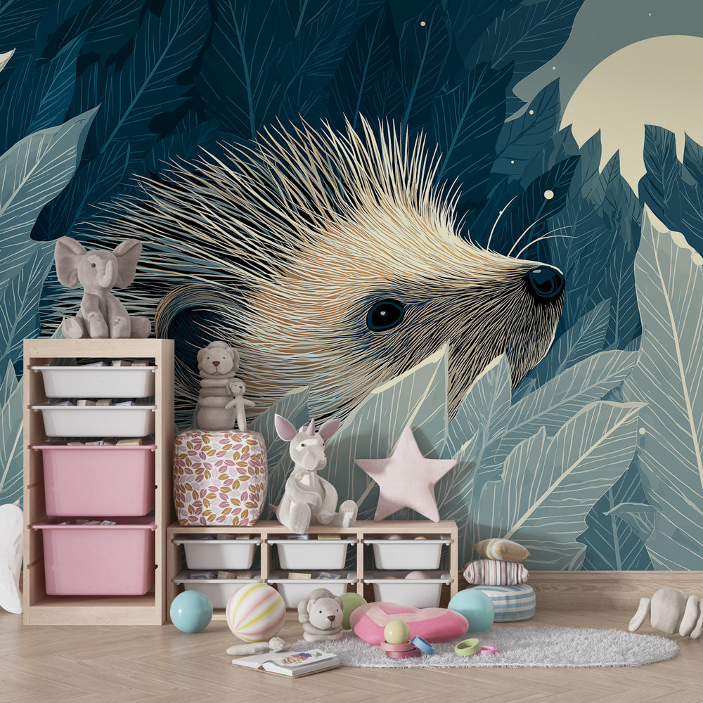 Moonlit hedgehog wallpaper transforming children's bedroom into peaceful woodland sanctuary