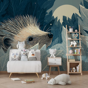 Woodland hedgehog mural wallpaper with natural wood furniture in cozy kids room setting