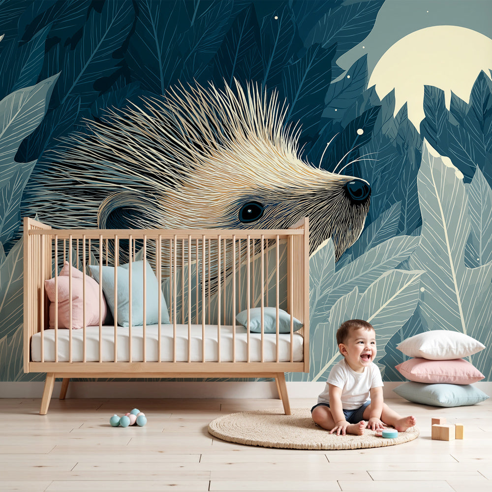 Forest hedgehog mural wallpaper creating magical nocturnal atmosphere in modern nursery by Kids-Mundo