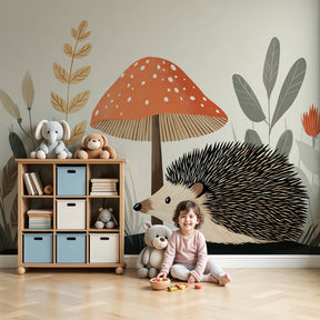 Forest hedgehog mural wallpaper creating cozy woodland nursery atmosphere by Kids-Mundo