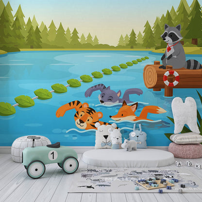Kids-Mundo tiger and fox lake wallpaper mural in a lively children's bedroom