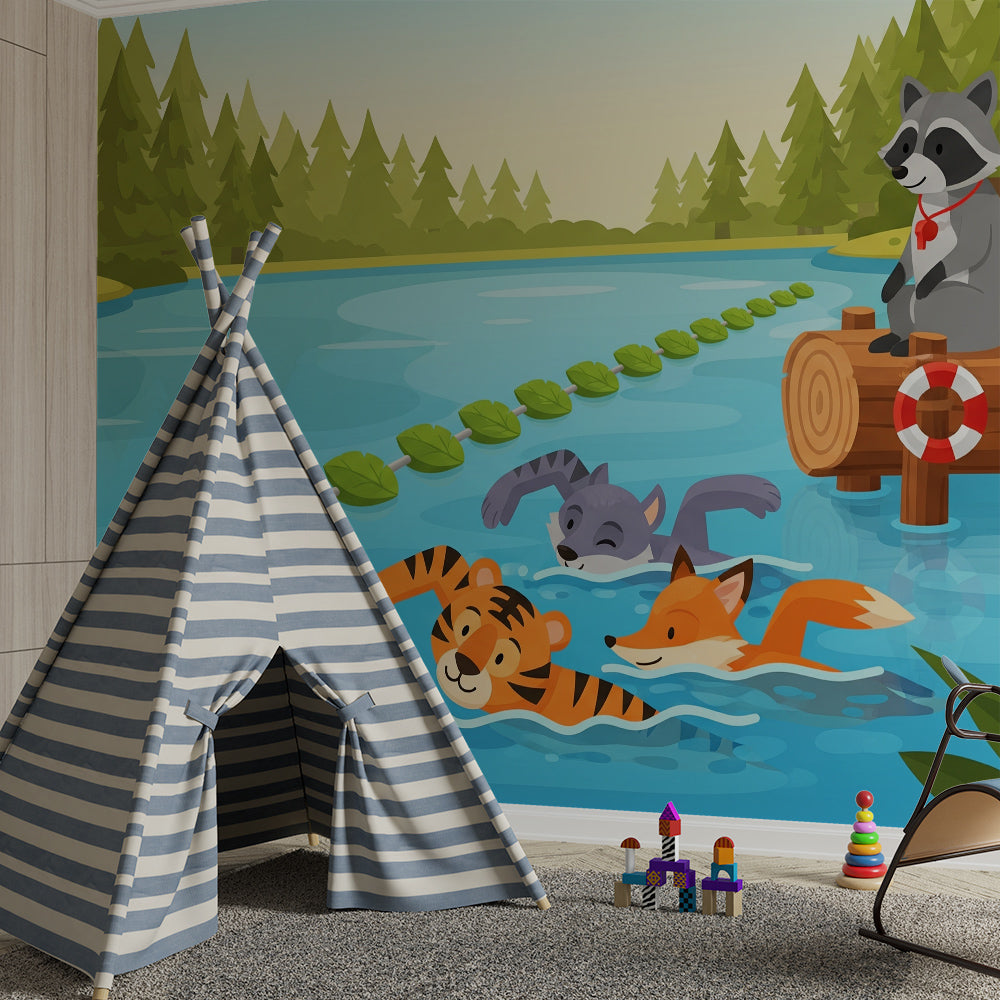 Kids-Mundo forest lake animal mural bringing adventure to a playroom wall