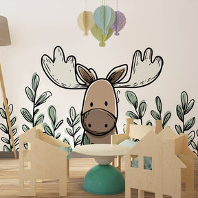 Woodland moose wallpaper with green foliage decorating cozy children's bedroom space