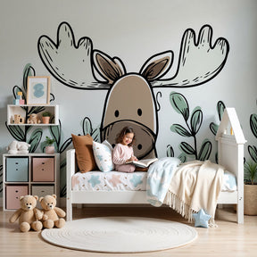 Forest moose mural wallpaper creating magical woodland atmosphere in modern nursery by Kids-Mundo