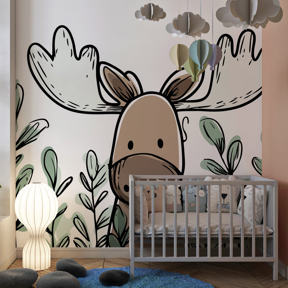 Cute moose mural wallpaper transforming playroom into enchanting forest adventure space