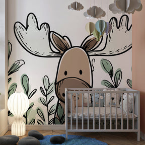 Cute moose mural wallpaper transforming playroom into enchanting forest adventure space