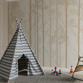 Soft toned forest wallpaper creating peaceful atmosphere in children's bedroom