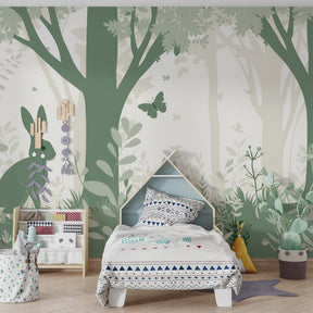 Woodland themed mural wallpaper creating peaceful kids bedroom atmosphere with forest animals