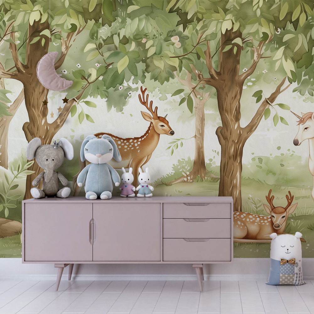 Magical woodland wallpaper creating peaceful children's bedroom atmosphere with green forest theme