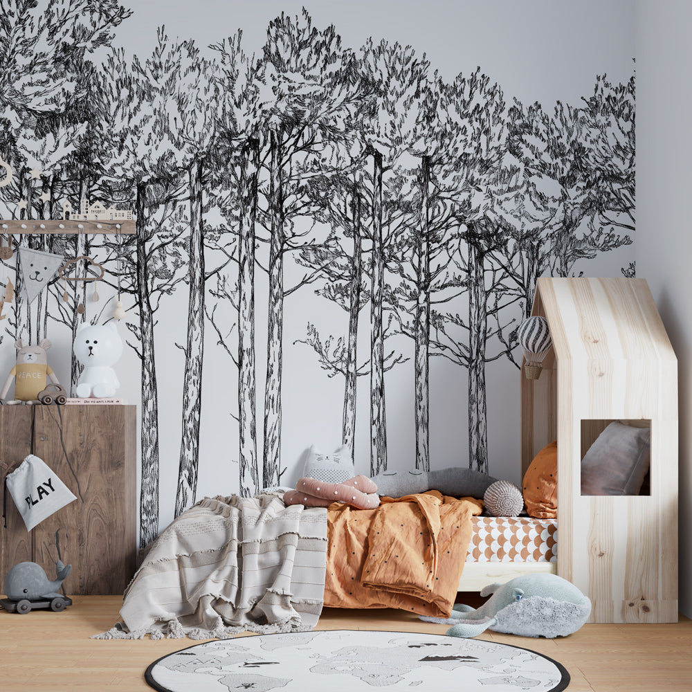Black and white tree wallpaper creating serene nursery decor with minimalist forest design