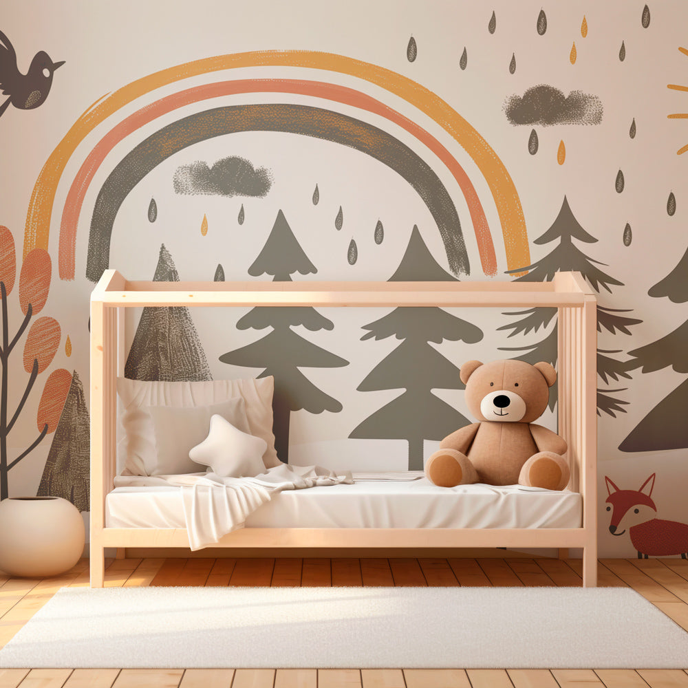 Whimsical forest mural wallpaper with fox and birds transforming children's room decor