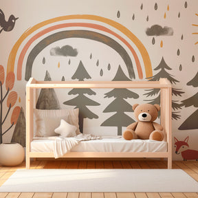 Whimsical forest mural wallpaper with fox and birds transforming children's room decor