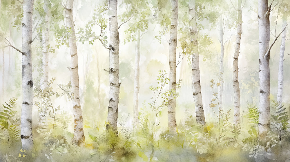 Detailed watercolor forest mural wallpaper design pattern showing birch trees and ferns by Kids-Mundo