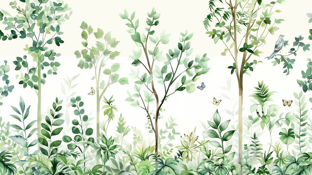 Detailed enchanted forest mural wallpaper design pattern with butterflies and green foliage by Kids-Mundo