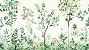 Detailed enchanted forest mural wallpaper design pattern with butterflies and green foliage by Kids-Mundo