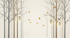 Detailed winter forest mural wallpaper design pattern with trees and lanterns by Kids-Mundo