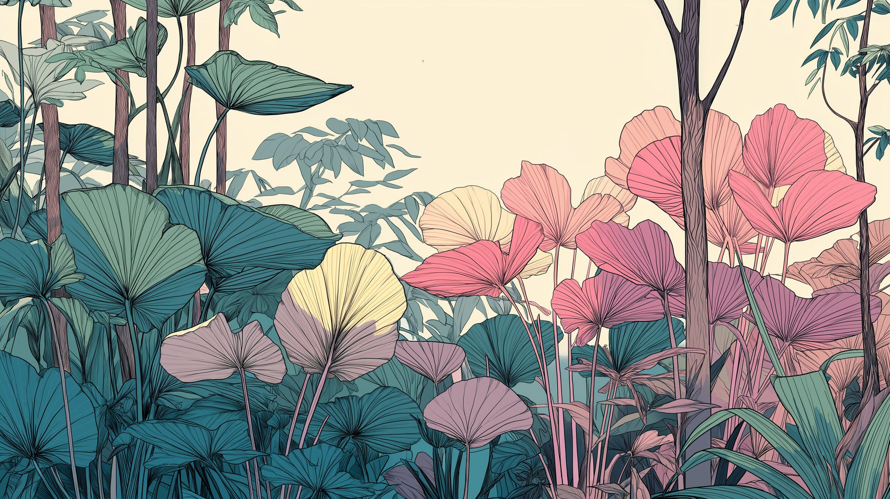 Detailed pastel forest leaves mural wallpaper design pattern by Kids-Mundo
