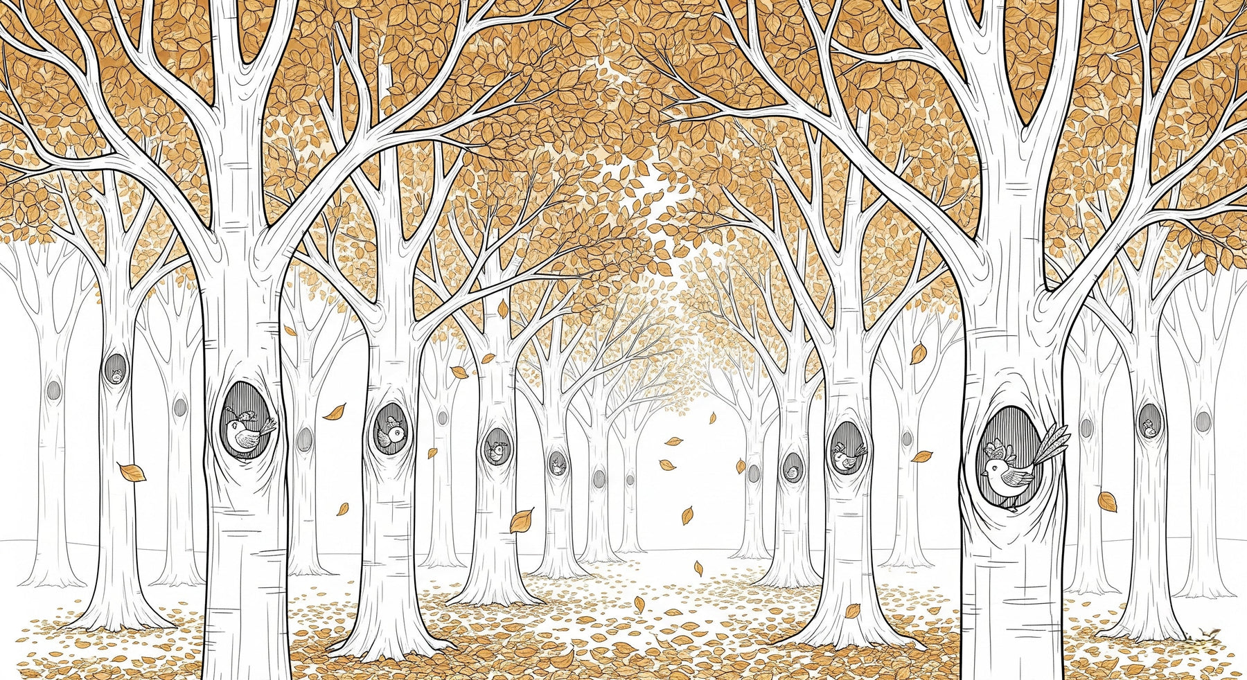 Detailed golden forest mural wallpaper design pattern with birch trees and birds by Kids-Mundo