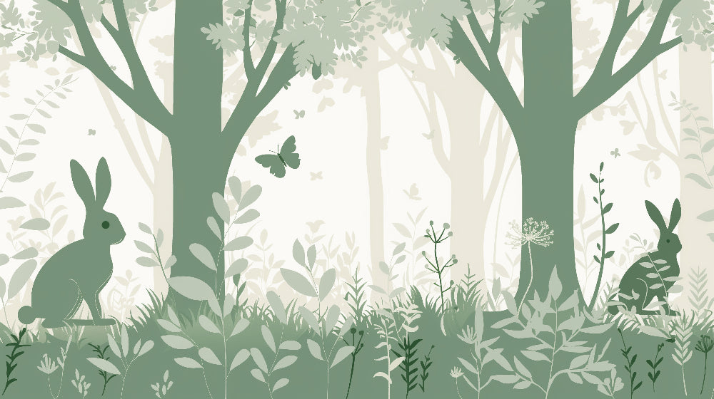 Detailed enchanted forest mural wallpaper design pattern with rabbits and butterflies by Kids-Mundo