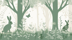 Detailed enchanted forest mural wallpaper design pattern with rabbits and butterflies by Kids-Mundo