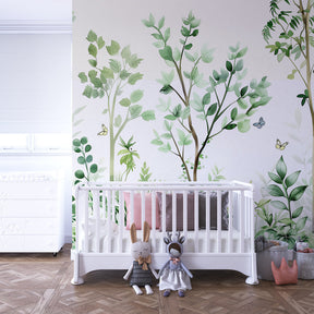 Green forest wallpaper with butterflies transforming children's bedroom into woodland sanctuary