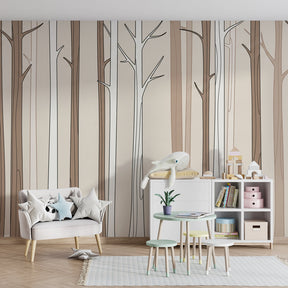 Nature-inspired forest mural wallpaper complementing wooden furniture in kids room by Kids-Mundo