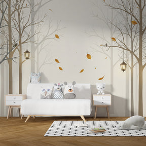 Forest themed mural wallpaper with bare branches and glowing lanterns for children's room decor