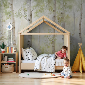 Watercolor forest mural wallpaper with birch trees creating serene baby nursery decor by Kids-Mundo