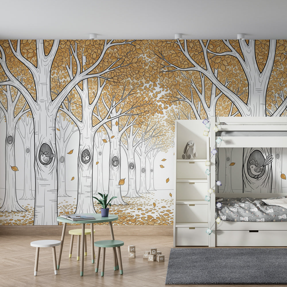 Nature forest wallpaper creating peaceful nursery decor with golden leaves and woodland birds