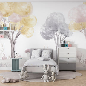 Pastel forest wallpaper creating magical woodland atmosphere in children's bedroom decor