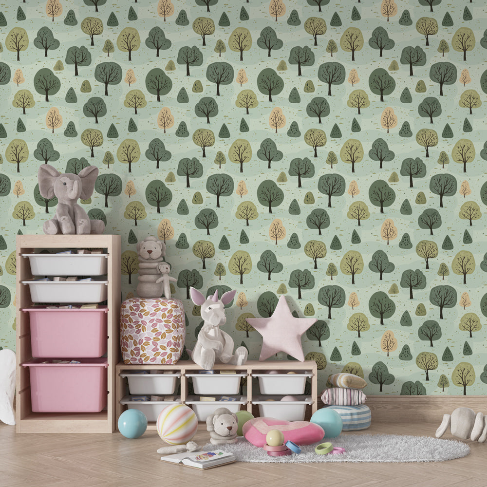 Enchanted forest wallpaper creating magical woodland atmosphere in children's playroom