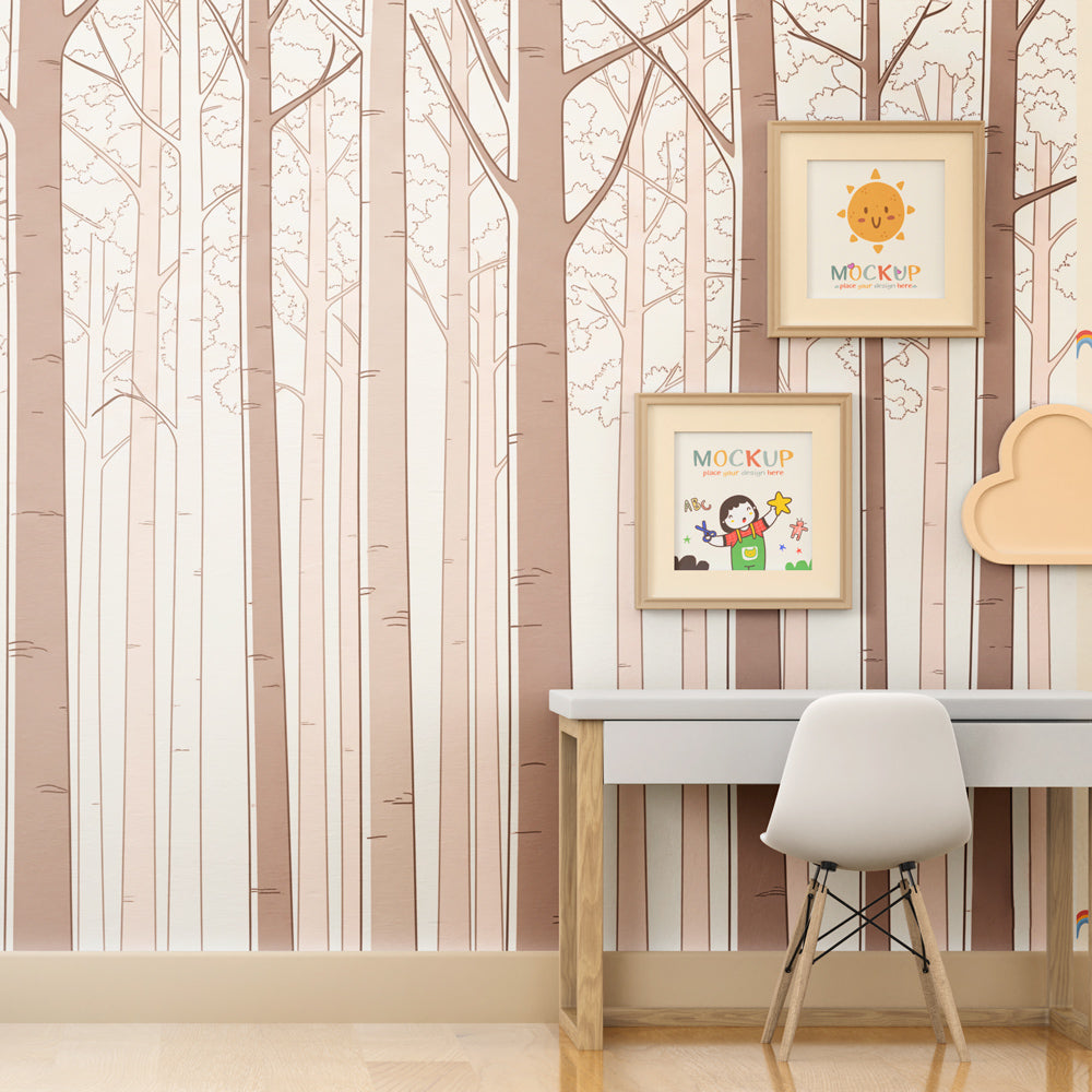 Nature-inspired beige forest wallpaper transforming kids' playroom into woodland sanctuary