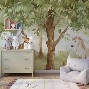 Forest unicorn mural wallpaper transforming kids playroom into magical woodland sanctuary