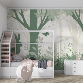 Forest animal mural wallpaper in children's playroom featuring rabbits and butterfly design