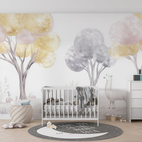 Soft-colored enchanted forest mural wallpaper transforming toddler room into peaceful sanctuary