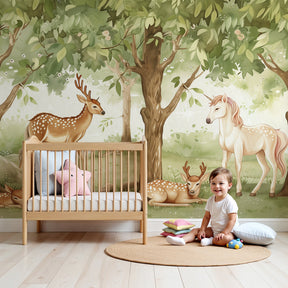Enchanted forest mural wallpaper with unicorn and deer in modern kids nursery by Kids-Mundo