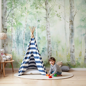 Watercolor forest mural wallpaper in serene baby nursery with white crib by Kids-Mundo
