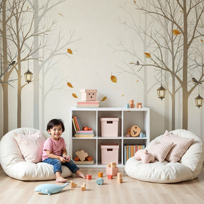 Calm forest mural wallpaper with winter trees and lanterns in peaceful children's nursery by Kids-Mundo