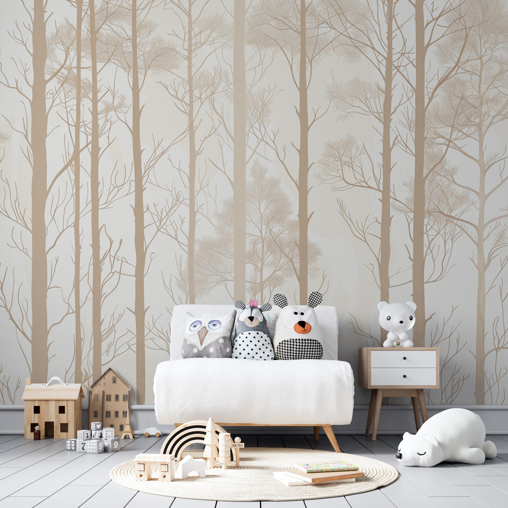 Beige and green forest mural wallpaper transforming kids room into woodland sanctuary