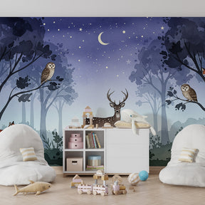 Woodland animals mural wallpaper creating magical forest atmosphere in children's bedroom