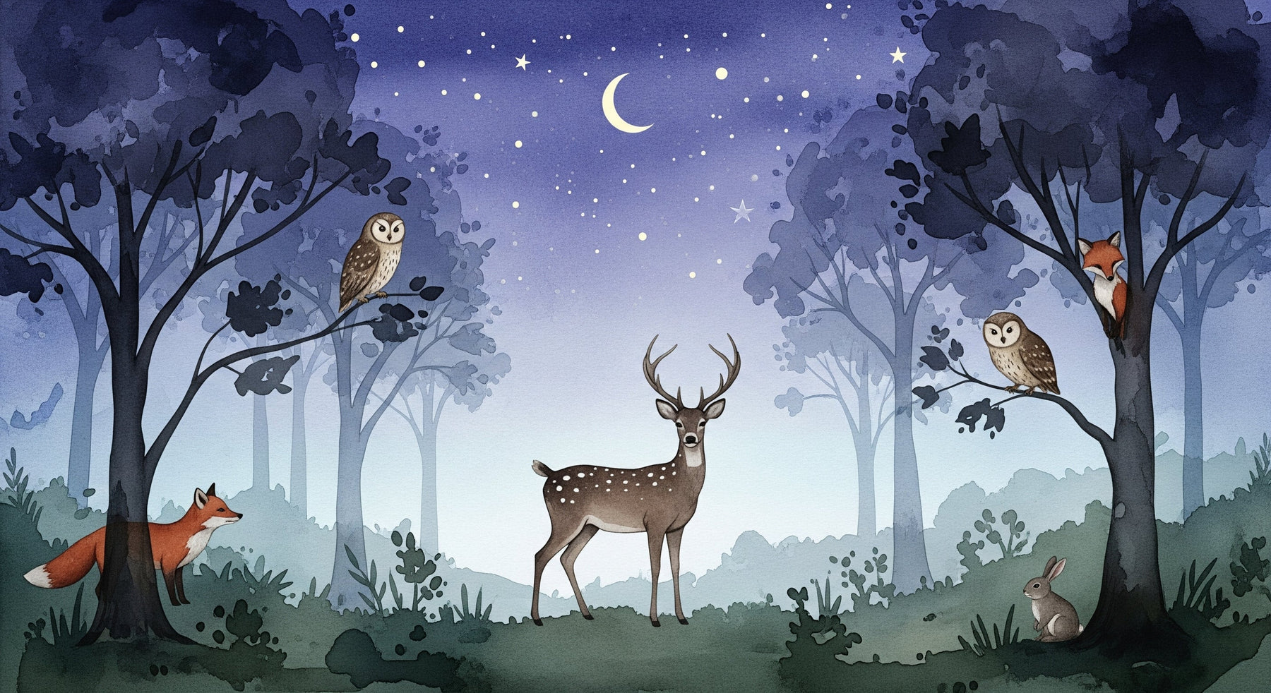 Detailed forest night mural wallpaper design pattern featuring deer and woodland animals by Kids-Mundo