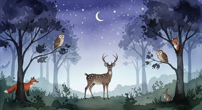 Detailed forest night mural wallpaper design pattern featuring deer and woodland animals by Kids-Mundo