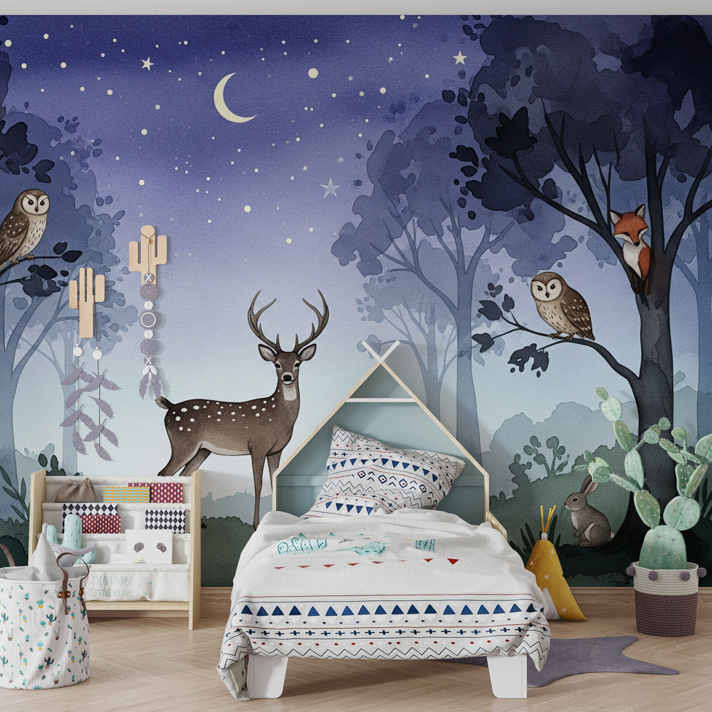 Enchanted forest night wallpaper with deer and woodland creatures in kids playroom setting