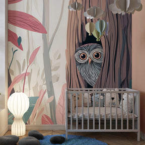 Woodland owl wallpaper creating magical children's bedroom atmosphere with soft lighting